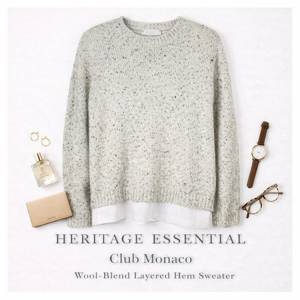 Club Monaco Kaelane Wool-Blend Layered Hem Sweater L Black White Flecked Knit